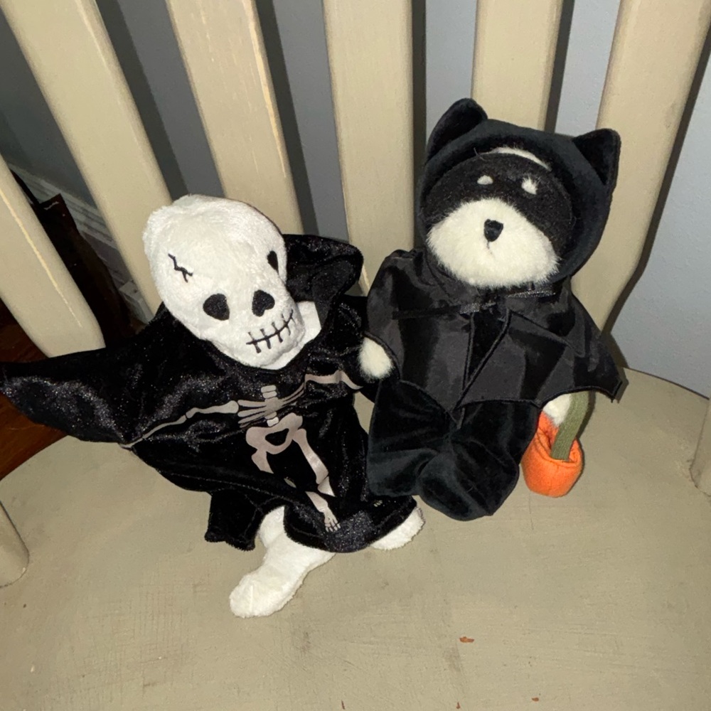 Boyds Bears Black Skeleton and Black Cat Plush Costume Pair with Orange Pumpkin